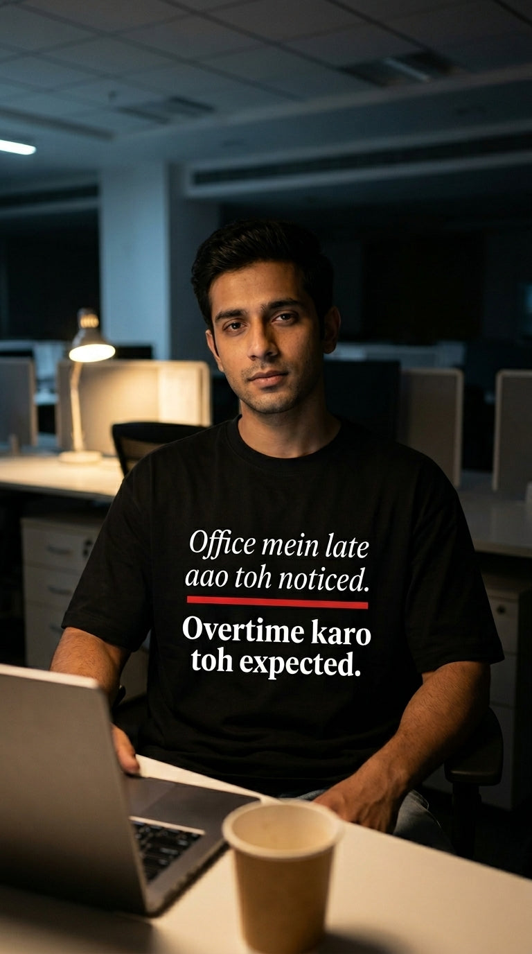 Office Mein Late Aao Toh Noticed. Overtime Karo Toh Expected. — Unisex Oversized Tee