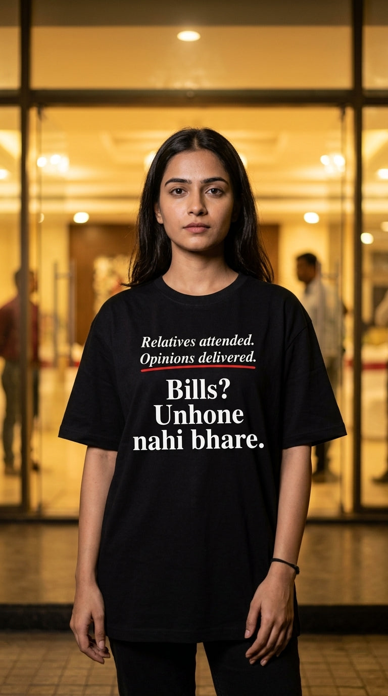 Relatives Attended. Opinions Delivered. Bills? Unhone Nahi Bhare. — Unisex Oversized Tee