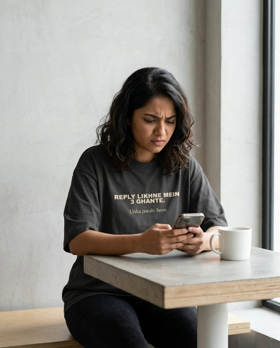 Indian woman frowning at her phone with coffee wearing 
Reply Likhne Mein 3 Ghante Unka Jawab Seen oversized 
washed black tee — lifestyle shot | Aavitra